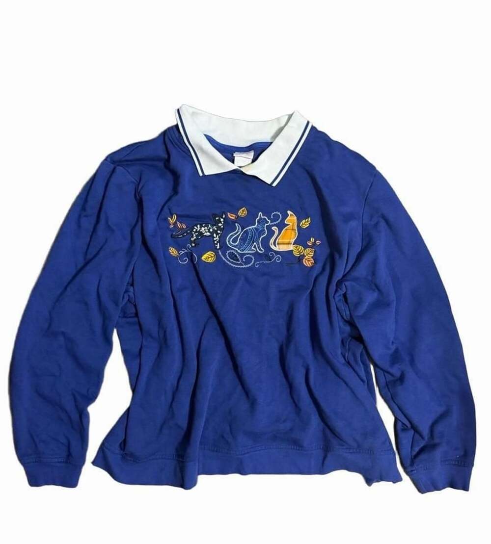 Vintage Adrian Delafield Collared Cat Sweatshirt XL Grandma Cottage Cat Core